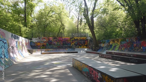 Urban Skatepark Oasis: Graffiti-Adorned Concrete Playground Nestled in Lush Greenery photo