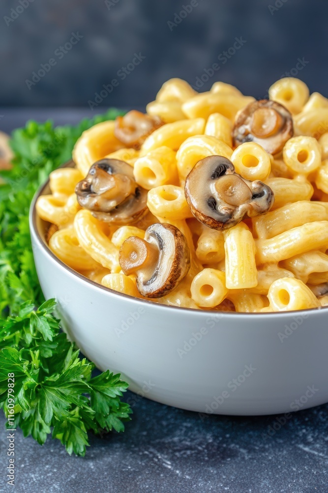 Delicious macaroni and cheese with mushrooms dark background food