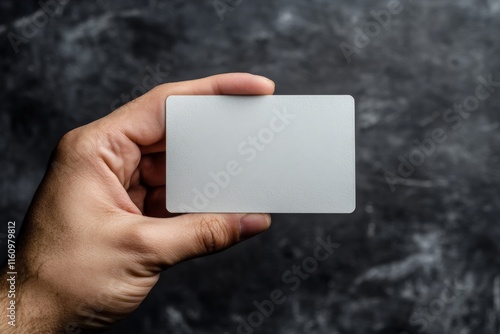 Person holding a blank card against a textured dark background in a neutral setting photo