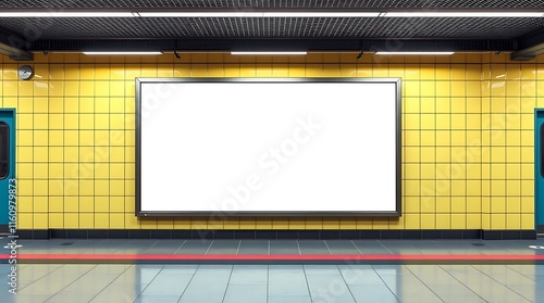 Fototapeta Naklejka Na Ścianę i Meble -  Blank Billboard Mockup: Subway Station Ad Space.  A blank billboard mockup in a subway station with yellow tiled walls and a glossy floor.