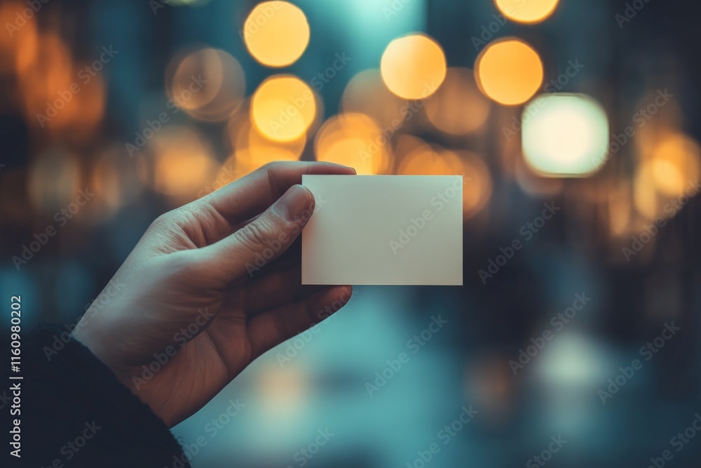 Blank business card held by a person in a busy urban street with blurred lights at night Blank business card held by a person in a busy urban street with blurred lights at night