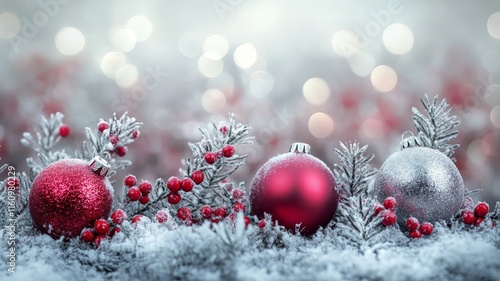 Festive Christmas Ornaments Nestled In Snowy Branches photo