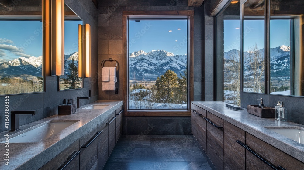 Fototapeta premium Corner of cozy bathroom with gray and dark wooden walls and floor, comfortable double sink with two vertical mirrors standing on wooden countertop. Window with blurry mountain view. 3d rendering