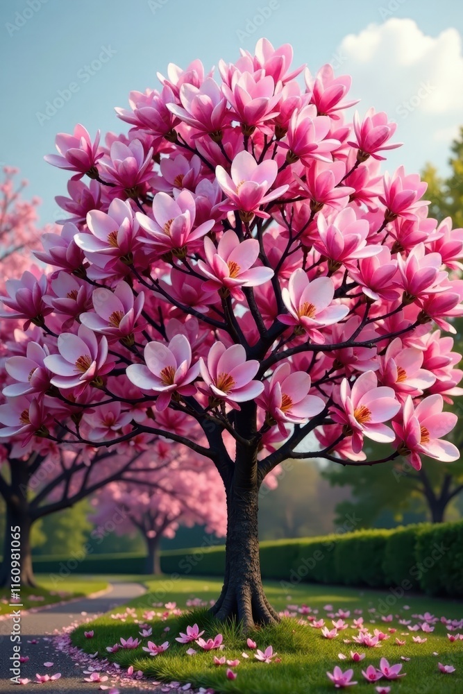 Obraz premium Full pink magnolia blooms covering the entire tree, tree, blooms
