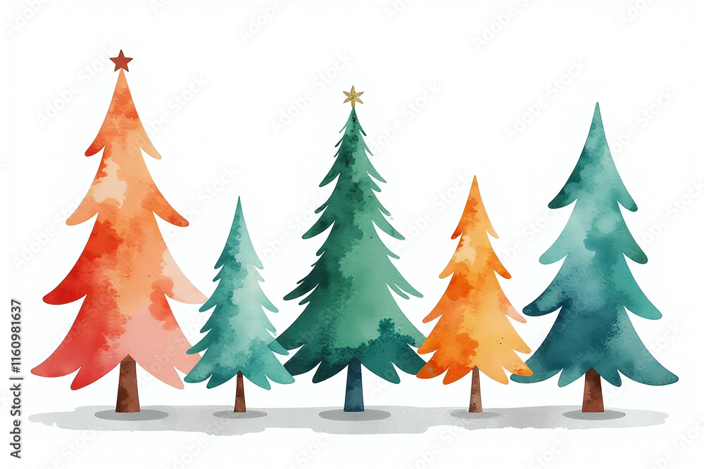 Obraz premium vibrant watercolor christmas trees stand alone crisp white