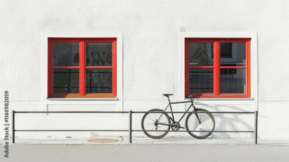 Red framed windows, black bicycle against a white building facade. Red framed windows, black bicycle against a white building facade.