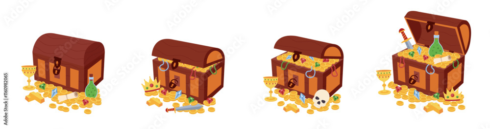 Treasure chests. Treasure chests, piles of gold and jewels. Open and close chests with coins and gems. Treasure chests. Treasure chests, piles of gold and jewels. Open and close chests with coins and gems.