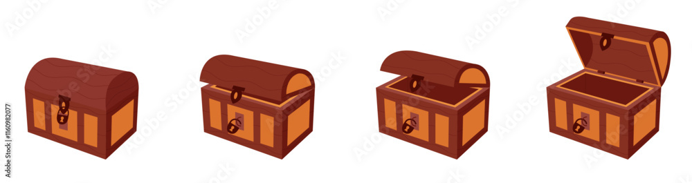 Chests set. Set of wooden chests with open and closed lid. Chests for pirate treasures. Chests set. Set of wooden chests with open and closed lid. Chests for pirate treasures.