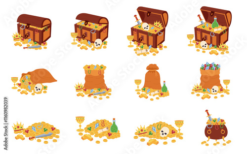Pirate treasures. Treasure chests, piles of gold and jewels. Chest and bags with coins and gems.