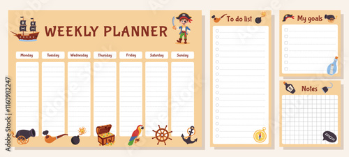 Pirate set of weekly planner, to do list, goals and notes. Set with pirate elements.