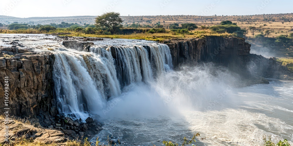 Fototapeta premium A powerful waterfall with cascading water flowing down into a pool, creating mist and spray.