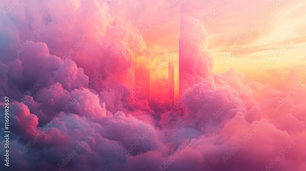 Fototapeta premium Soft pink clouds envelop towering structures, creating dreamy, e
