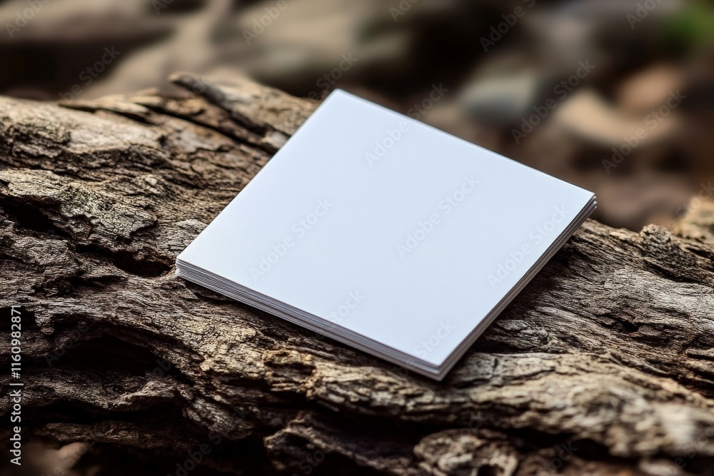 Blank notepad resting on a wooden surface in a natural setting during daylight hours Blank notepad resting on a wooden surface in a natural setting during daylight hours