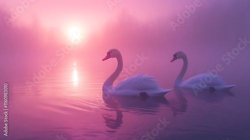 Fototapeta Naklejka Na Ścianę i Meble -  Misty Sunrise Swans: A Serene Pink Lake Scene