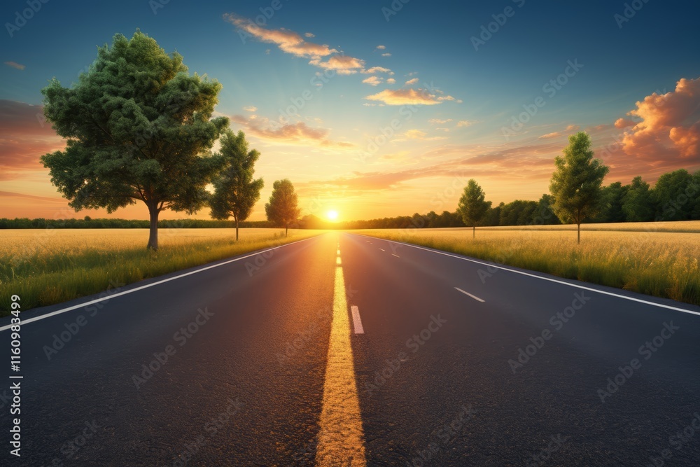 arafed road with a tree and a field of grass at sunset arafed road with a tree and a field of grass at sunset