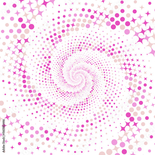 Pink and white background with stars and polka dots arranged in a spiral pattern