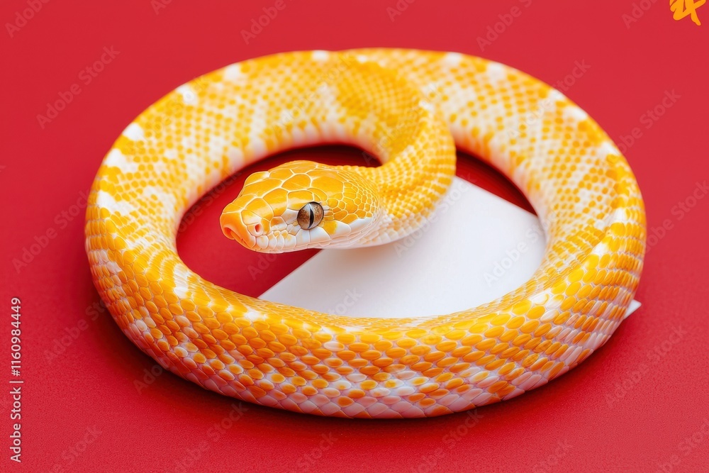 Orange and White Snake Coiled on a Red Background with Texture Orange and White Snake Coiled on a Red Background with Texture