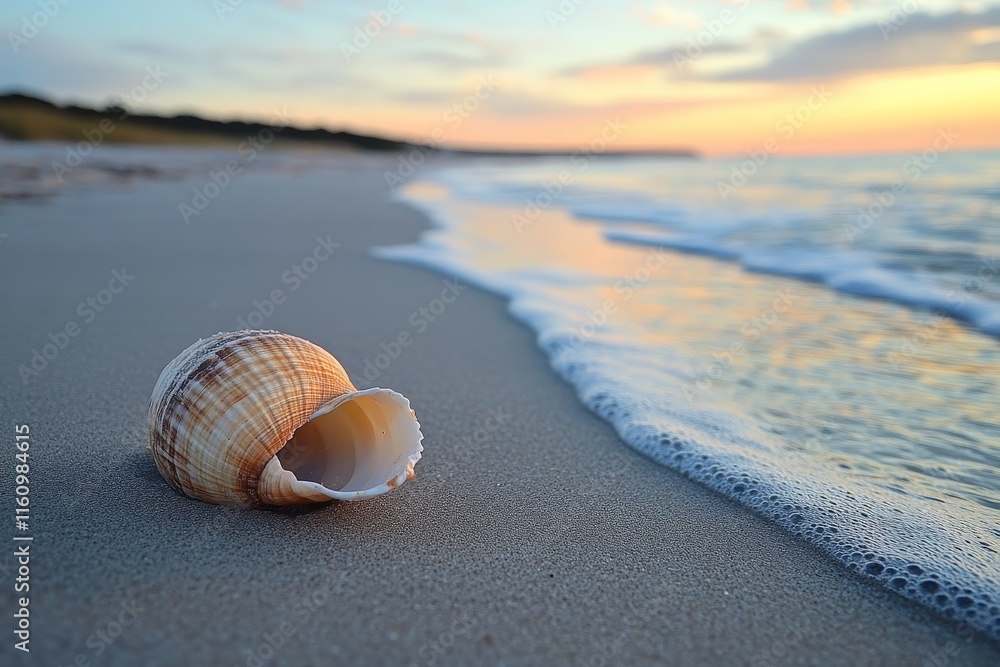 Beautiful seashell rests on sandy beach at sunset with gentle waves lapping the shore Beautiful seashell rests on sandy beach at sunset with gentle waves lapping the shore