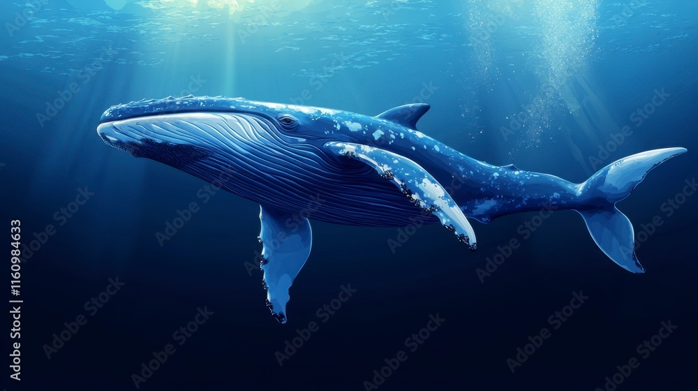 Naklejka premium Majestic Humpback Whale Swimming Underwater in Deep Ocean