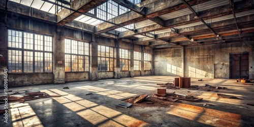 Sunlight streams through the windows of an abandoned industrial space, casting long shadows across the dusty concrete floor. photo