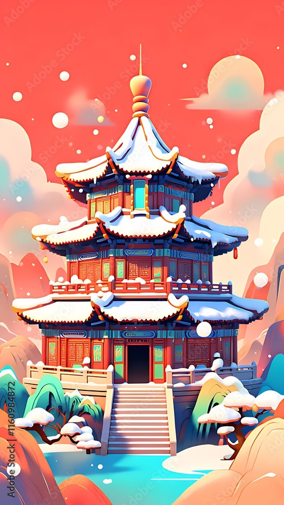 A stylized illustration of a snow-covered pagoda in a picturesque winter landscape. A stylized illustration of a snow-covered pagoda in a picturesque winter landscape.
