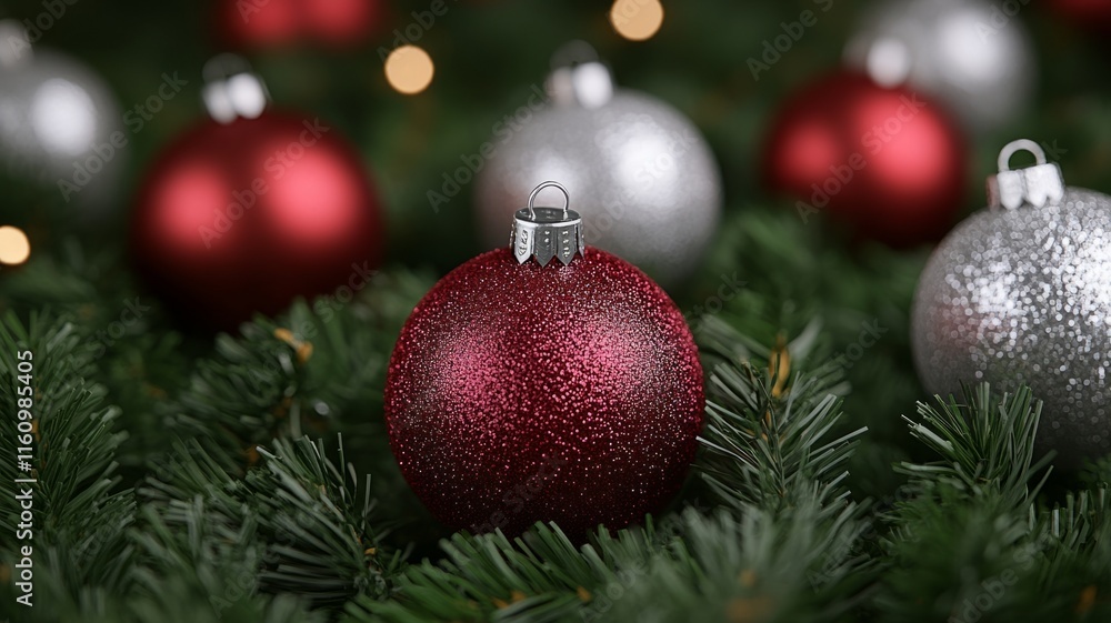 Fototapeta premium Red and Silver Christmas Ornaments on Green Tree Branches