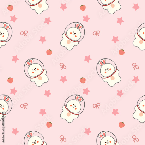 Astronaut rabbit cartoon so cute. On strawberry knot star pink background. Pattern seamless vector illustration. 
