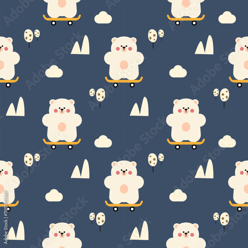 Polar bear play skateboard cartoon so cute.  On mountain tree cloud blue background. Pattern seamless vector illustration. 
