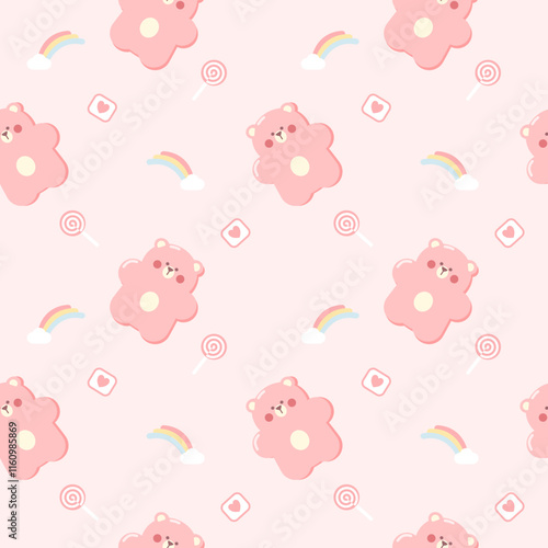 Pink bear cartoon so cute. On rainbow cloud heart lollipop pink background. Pattern seamless vector illustration. 