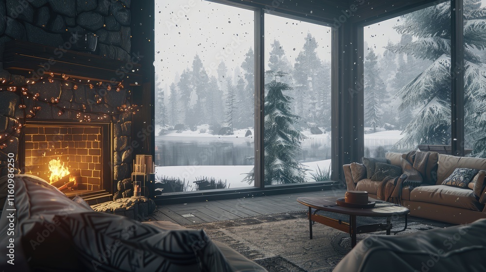 A modern cabin with large windows overlooking the lake A modern cabin with large windows overlooking the lake