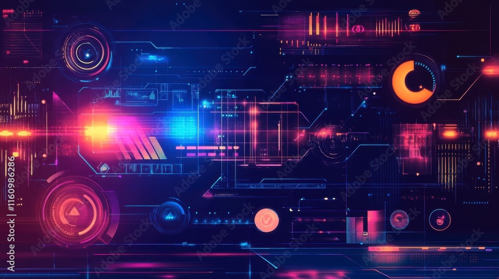 Fototapeta premium Futuristic Tech HUD Interface: Neon Cyberpunk Digital Display