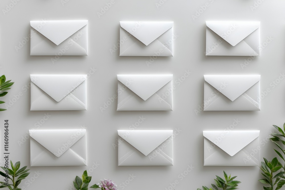 White envelopes arranged on a wall surrounded by greenery, perfect for invitations or special occasions White envelopes arranged on a wall surrounded by greenery, perfect for invitations or special occasions