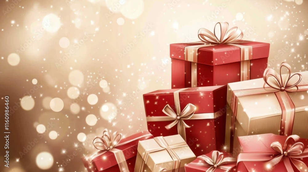 Pile of Red and Beige Gift Boxes, Sparkling Holiday Background Pile of Red and Beige Gift Boxes, Sparkling Holiday Background