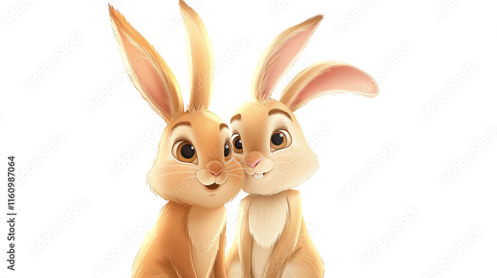 Adorable Easter Bunnies: Two charming cartoon rabbits, nestled close together, exude warmth and springtime cheer. Perfect for Easter cards, children's books. Adorable Easter Bunnies: Two charming cartoon rabbits, nestled close together, exude warmth and springtime cheer. Perfect for Easter cards, children's books.