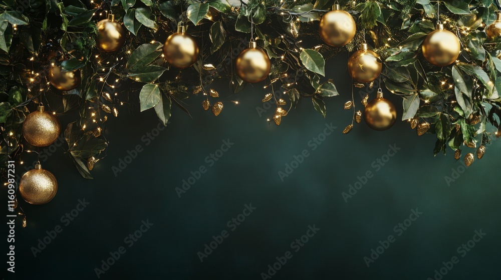 Fototapeta premium Golden Christmas Garland with Ornaments, Dark Green Background, Copy Space