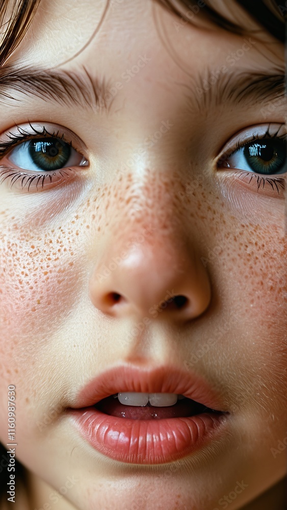 Close-up portrait of a young child with freckles and captivating eyes Close-up portrait of a young child with freckles and captivating eyes