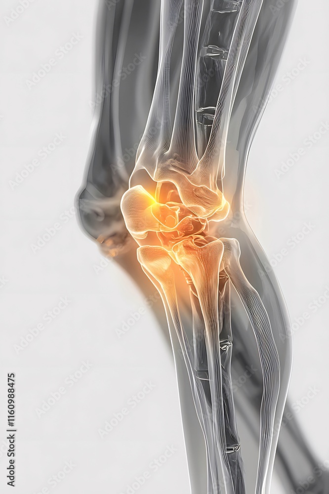3D rendering of human knee joint with highlighted inflammation.
