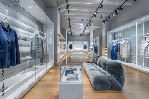 Chic boutique with glass cases, couch, clothes, spotlights, and wood flooring.