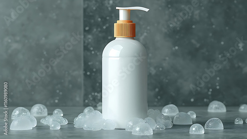 Minimalist Shampoo Bottle Mockup with Bubbles in Spa Setting – Hydrating Design Concept photo