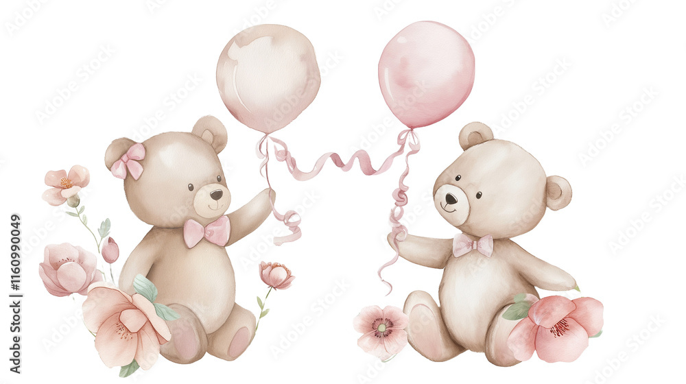 Playful Pair: Two adorable teddy bears, adorned with pink bows, share a moment of joy with balloons, surrounded by delicate pink flowers. Playful Pair: Two adorable teddy bears, adorned with pink bows, share a moment of joy with balloons, surrounded by delicate pink flowers.