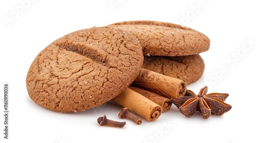 Christmas cinnamon cookie placed alone on clean white background. Delicious holiday treat with warm cinnamon flavor, perfect for festive season celebration. Ideal for baking enthusiasts to showcase 