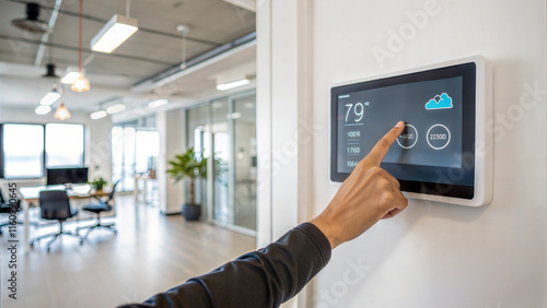 A modern office setting featuring a person adjusting a smart thermostat on the wall, with a view of an organized workspace and natural lighting.