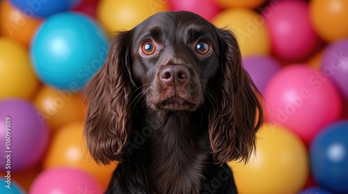 Playful dog surrounded by colorful balls indoor play area pet photography bright and cheerful environment close-up view fun concept photo