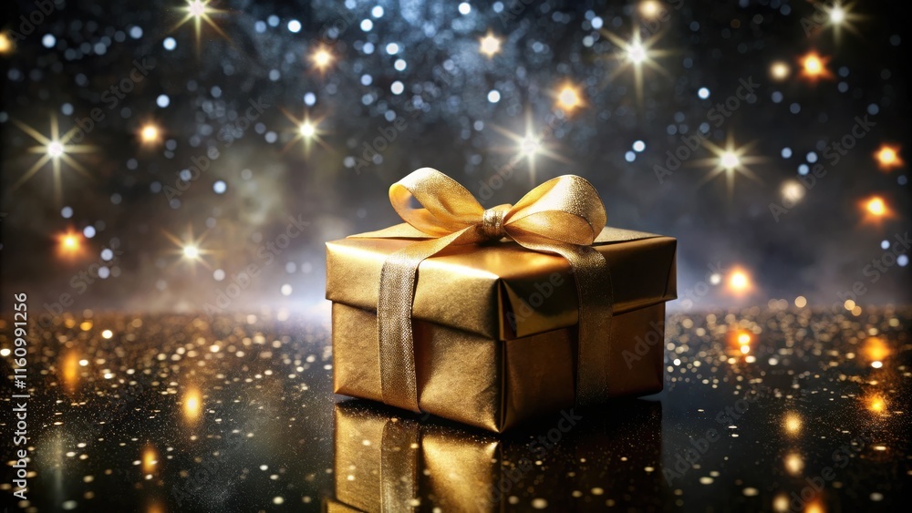 A golden gift box with a shiny ribbon sits atop a bed of shimmering gold glitter, illuminated by a backdrop of warm, twinkling lights. A golden gift box with a shiny ribbon sits atop a bed of shimmering gold glitter, illuminated by a backdrop of warm, twinkling lights.
