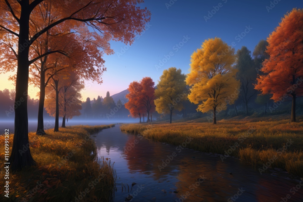 trees with orange and yellow leaves are in a field next to a river trees with orange and yellow leaves are in a field next to a river
