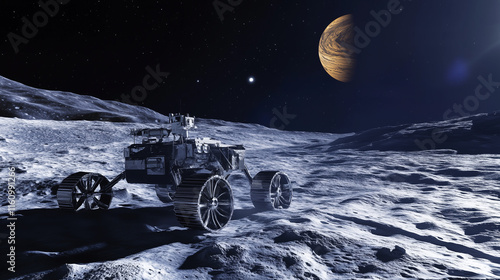 Tapety artystyczne Łazik eksploracyjny porusza się po surowej powierzchni obcej planety, otoczony dramatycznym krajobrazem z daleką planetą widoczną na horyzoncie