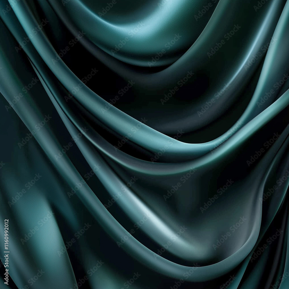 Obraz premium Abstract Dark Teal and Emerald Green Silk Satin Fabric with Glitter Shimmer, Color Gradient, and Elegant Drapery Curtain Waves silk background