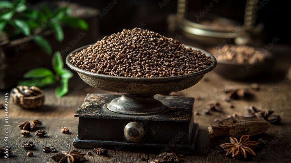 A bundle of anise plants displayed on a vintage scale, with scattered seeds around A bundle of anise plants displayed on a vintage scale, with scattered seeds around