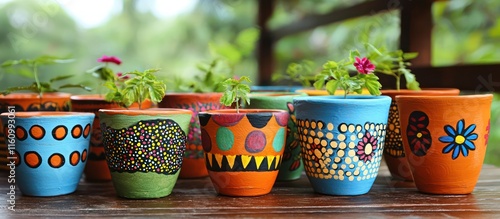 Vibrant nature-themed designs cover clay pots in a whimsical arrangement, adding charm.