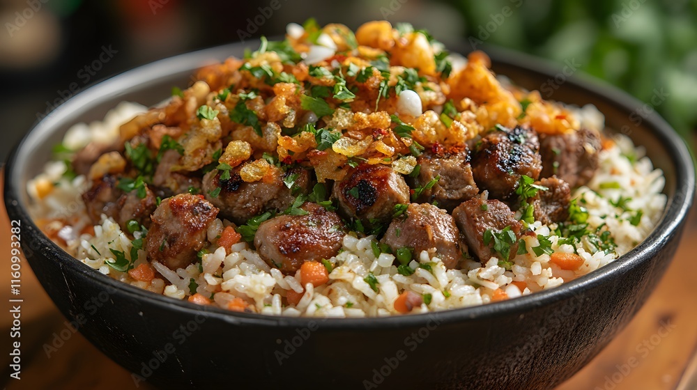 A close-up shot of a flavorful rice bowl topped with grilled meat and crispy fried onions. The dish looks appetizing and is perfect for lunch or dinner. Delicious Lamb Biryani in a Rustic Bowl A close-up shot of a flavorful rice bowl topped with grilled meat and crispy fried onions. The dish looks appetizing and is perfect for lunch or dinner. Delicious Lamb Biryani in a Rustic Bowl